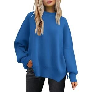 Lillusory Crewneck Ribbed Long Sleeve Oversized Sweater Blue Medium